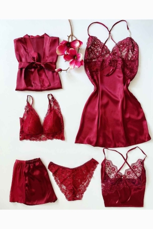 ÇeyizeDairHerşey - Bordo 6 lı sabahlıklı çeyizlik set 6114