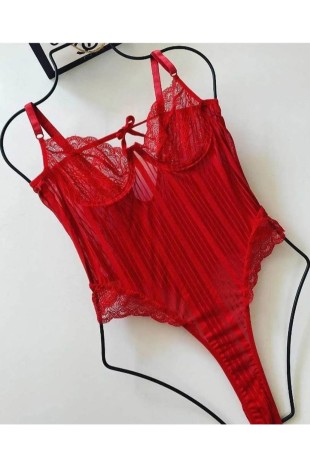 Red bodysuit full likralı çizgili 6194 - 1