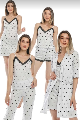 5 li puantiyeli penye sabahlıklı pijama seti 5905 - Thumbnail