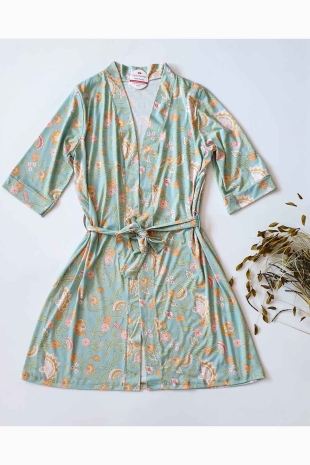 Yeşil etnik desenli sabahlıklı şortlu 5 li pijama seti 5939 - Thumbnail