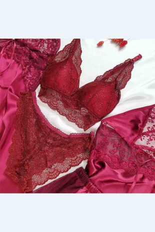 Bordo 5 li saten bralet hediyeli set 4163 - ÇeyizeDairHerşey (1)