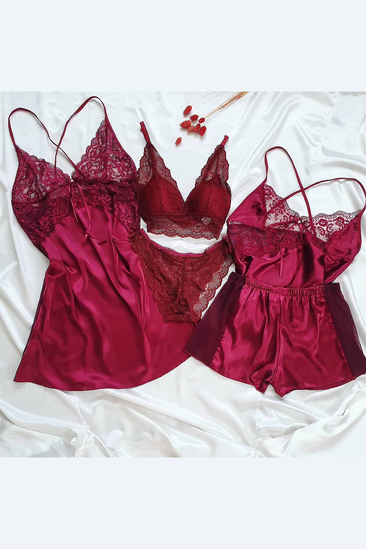 Bordo 5 li fantazi saten bralet hediyeli set 4163 İç Giyim Kombinleri,  Gecelik ÇeyizeDairHerşey 4163