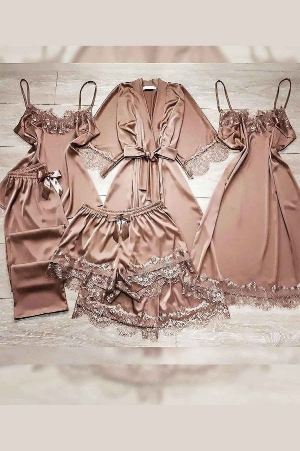 Özel tasarım saten sabahlık gecelik şortlu 5 li pijama seti 5749