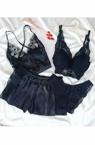 ÇeyizeDairHerşey - Siyah saten şort ve bralet sütyen 4 lü set 4180