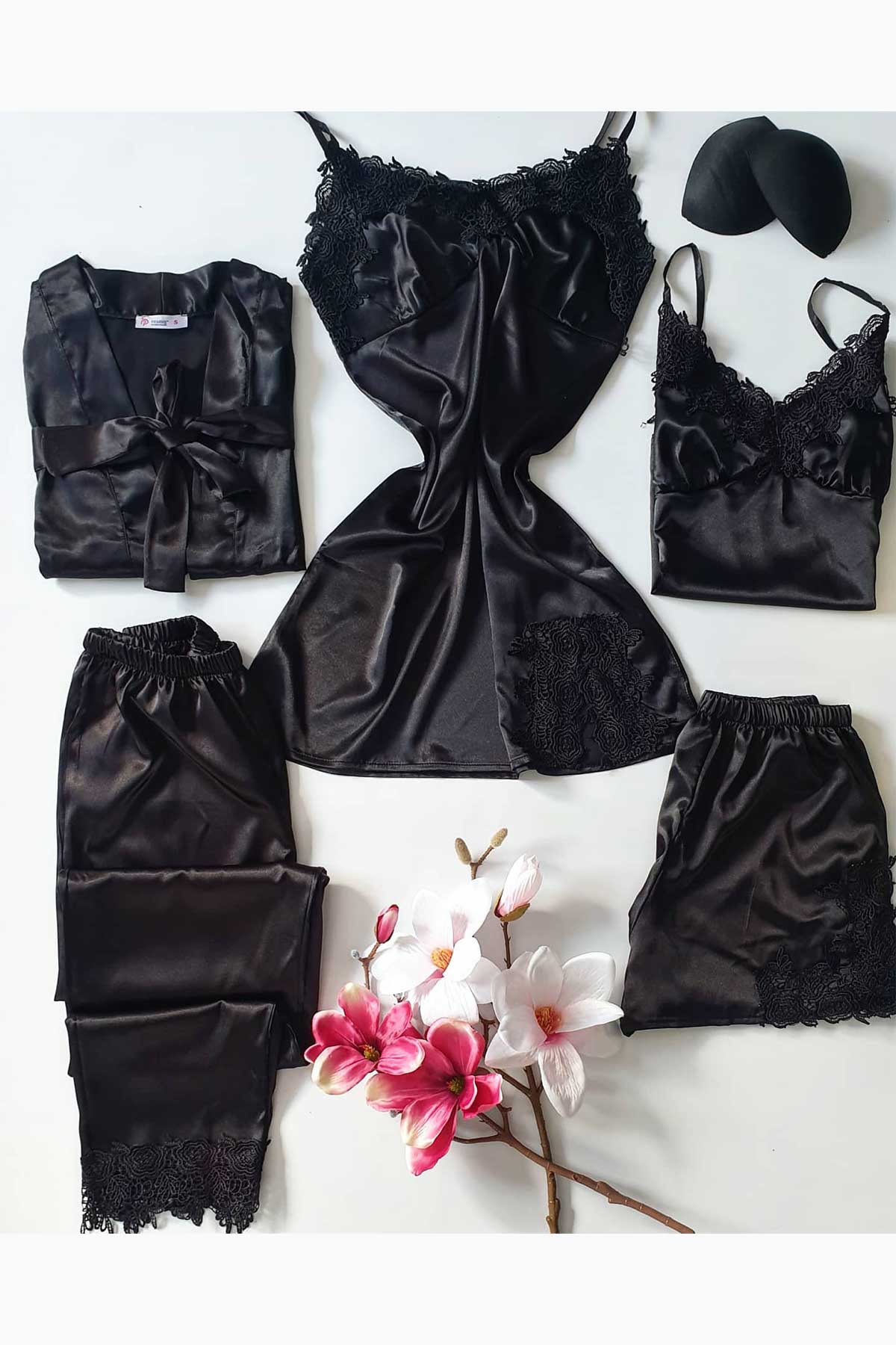 ÇeyizeDairHerşey - Siyah 5 li saten sabahlıklı pijama seti 5901