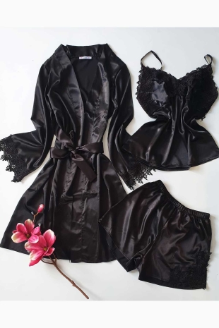 Siyah 5 li saten sabahlıklı pijama seti 5901 - Thumbnail
