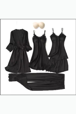 ÇeyizeDairHerşey - Siyah 5 li saten sabahlıklı şortlu gecelik pijama seti 5803