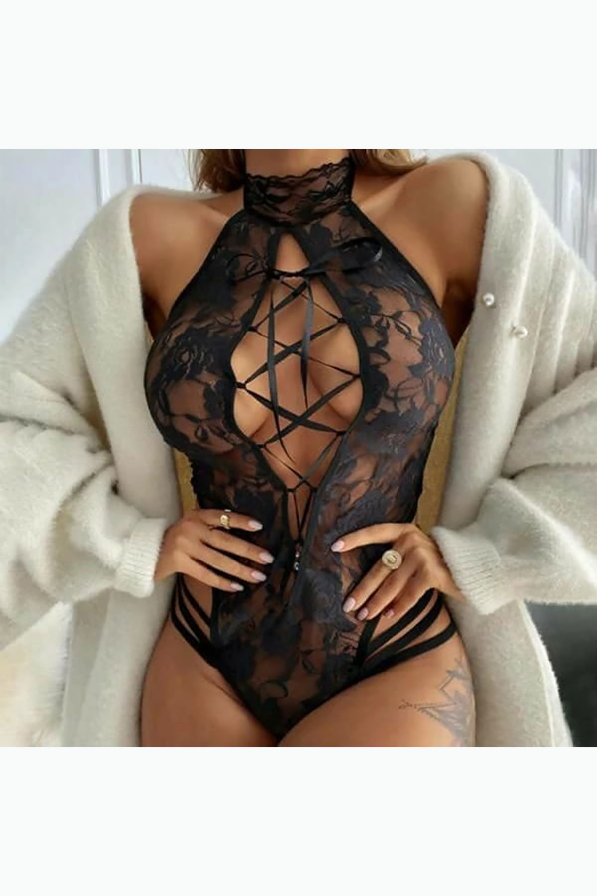 ÇeyizeDairHerşey - Siyah özel tasarım önden çapraz bağlamalı bodysuit 6011
