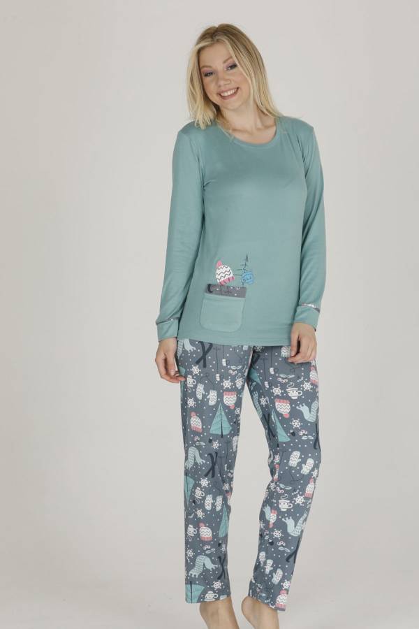Yeşil Kışlık termal bayan pijama takımı 6208