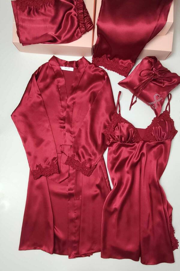 Bordo Saten 6 Lı Gecelik Sabahlık Çeyiz Seti 6554 - 4