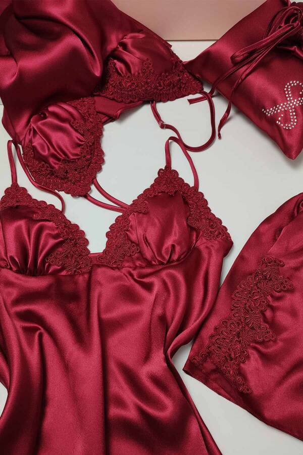 Bordo Saten 6 Lı Gecelik Sabahlık Çeyiz Seti 6554 - 2
