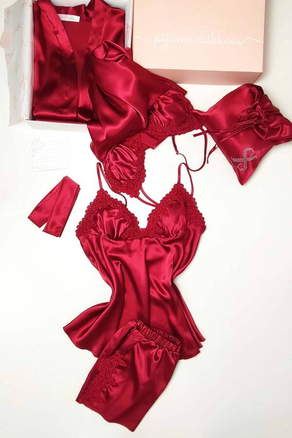 Bordo Saten 6 Lı Gecelik Sabahlık Çeyiz Seti 6554 - 5