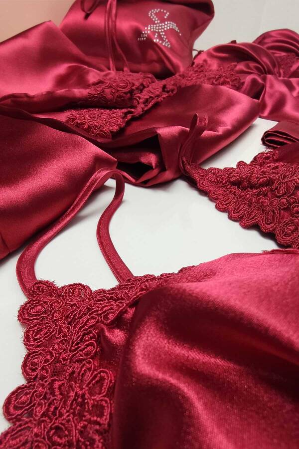 Bordo Saten 6 Lı Gecelik Sabahlık Çeyiz Seti 6554 - 6
