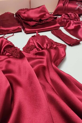 Bordo Saten 6 Lı Gecelik Sabahlık Çeyiz Seti 6554 - 3