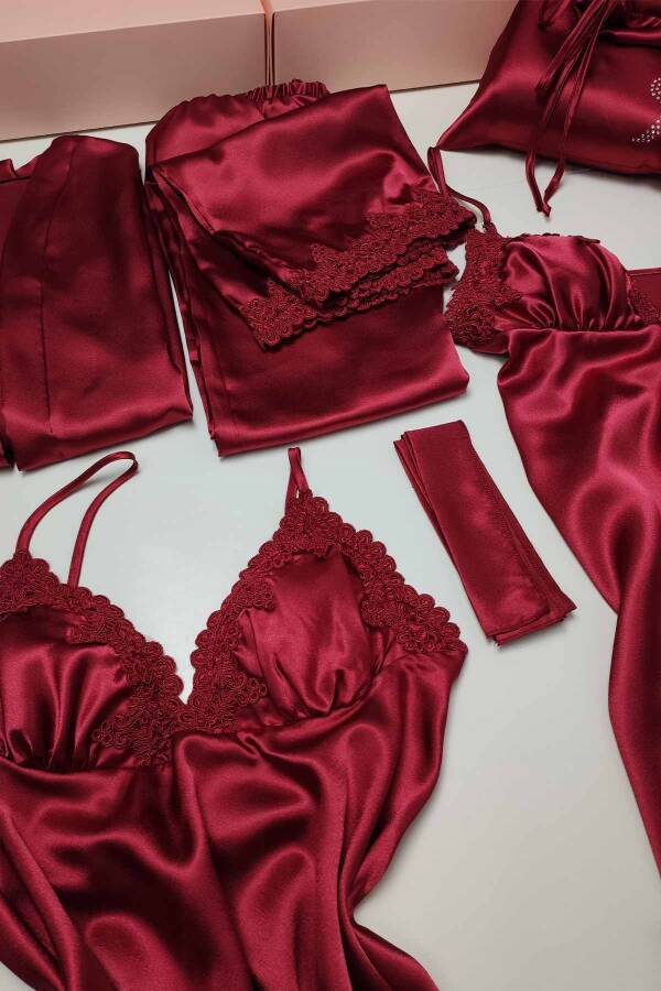 Bordo Saten 6 Lı Gecelik Sabahlık Çeyiz Seti 6554 - 7