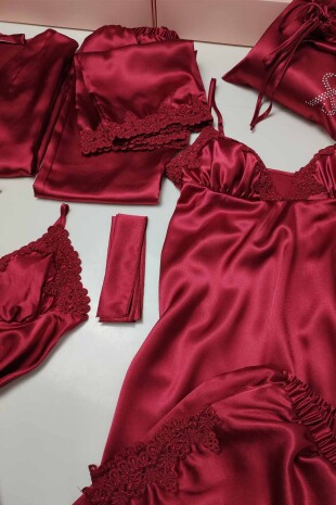 Bordo Saten 6 Lı Gecelik Sabahlık Çeyiz Seti 6554 - 8