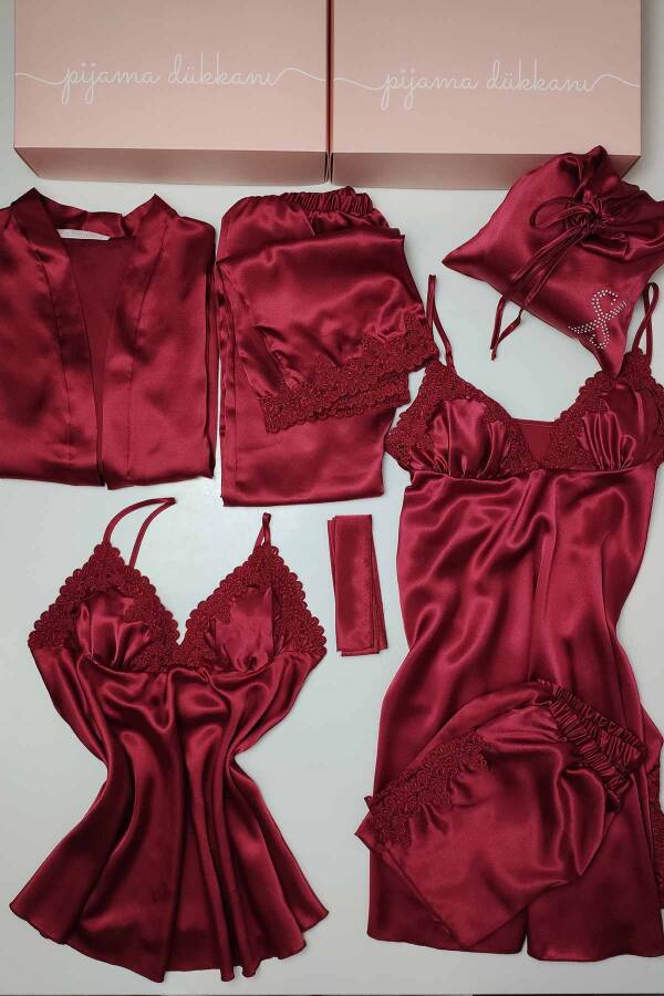 Bordo Saten 6 Lı Gecelik Sabahlık Çeyiz Seti 6554 - 9