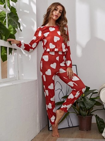 ÇeyizeDairHerşey - Kırmızı Kalp desenli uzun kollu pijama takımı 6200