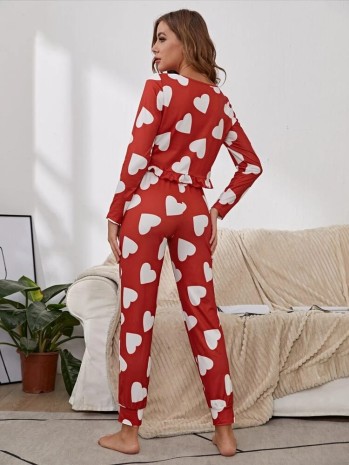 Kırmızı Kalp desenli uzun kollu pijama takımı 6200 - Thumbnail