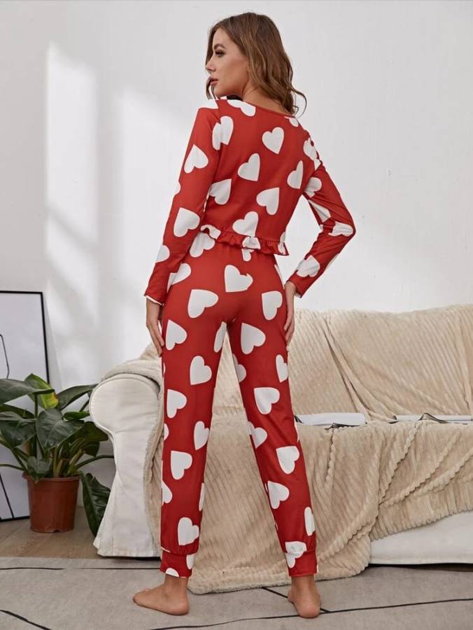Kırmızı Kalp desenli uzun kollu pijama takımı 6200