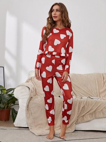 Kırmızı Kalp desenli uzun kollu pijama takımı 6200 - Thumbnail