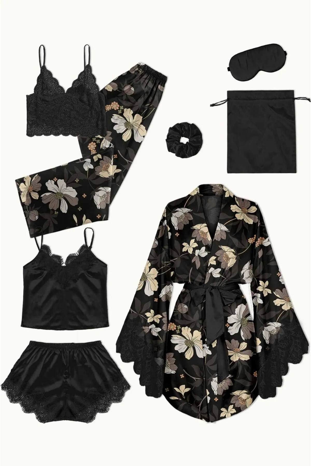 Pembishomewear - Flower Unman Siyah 8 Li Saten Gecelik Takımı