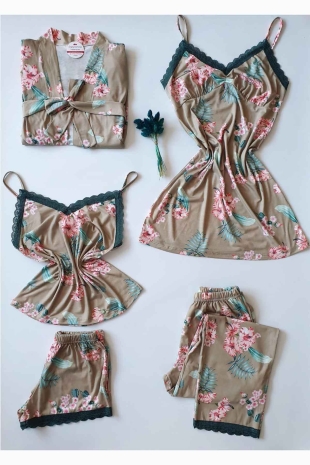 ÇeyizeDairHerşey - Yeşil sabahlıklı şortlu 5 li penye pijama seti 5940 (1)