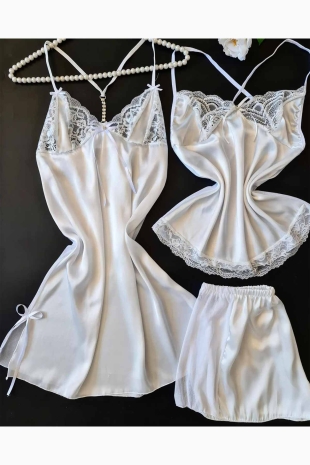 Beyaz saten 3 lü gecelik şortlu set 6094 - ÇeyizeDairHerşey