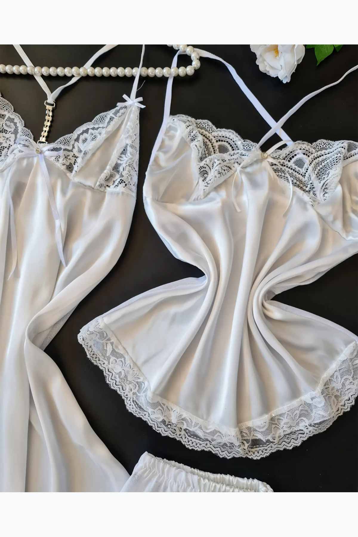 ÇeyizeDairHerşey - Beyaz saten 3 lü gecelik şortlu set 6094 (1)