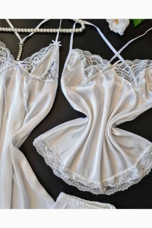 Beyaz saten 3 lü gecelik şortlu set 6094 - ÇeyizeDairHerşey (1)